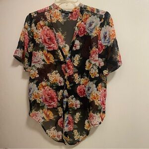 Forever 21 Womens Floral Sheer Button Up Top Blouse M 38” Black Pink Yellow Blue